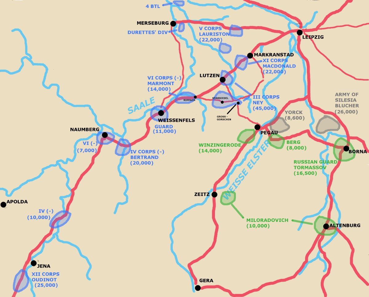 A map showing the operational situation around Lutzen and south on May 1st 1813.