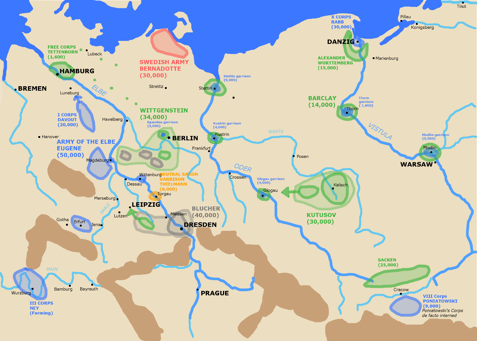 A map showing the strategic situation in Northern Germany and Poland at the end of March 1813.