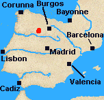 Map of Iberia with Medina de Rio Seco marked.