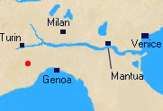 Map of Northern Italy with location of Ceva.