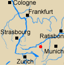 Map of Rhineland Bavaria and Switzerland with Biberach marked.