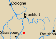 Map of Rhineland with Ettlingen marked.