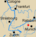 Map of Rhineland Bavaria and Switzerland with Freiberg marked.