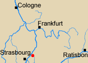 Map of Rhineland with Rastatt marked.