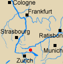 Map of Rhineland Bavaria and Switzerland with Stockach marked.