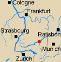 Map of Rhineland Bavaria and Switzerland with Ulm marked.