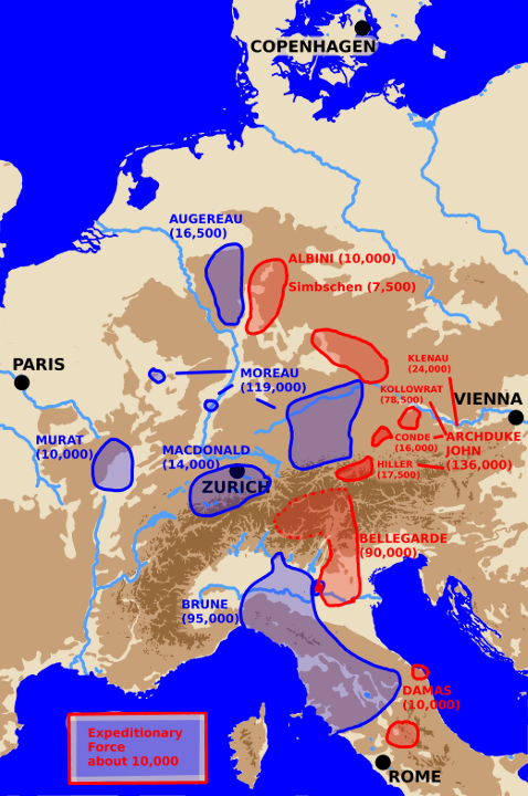 A map showing Central Europe with Army locations at the start of the 1800 winter campaign.