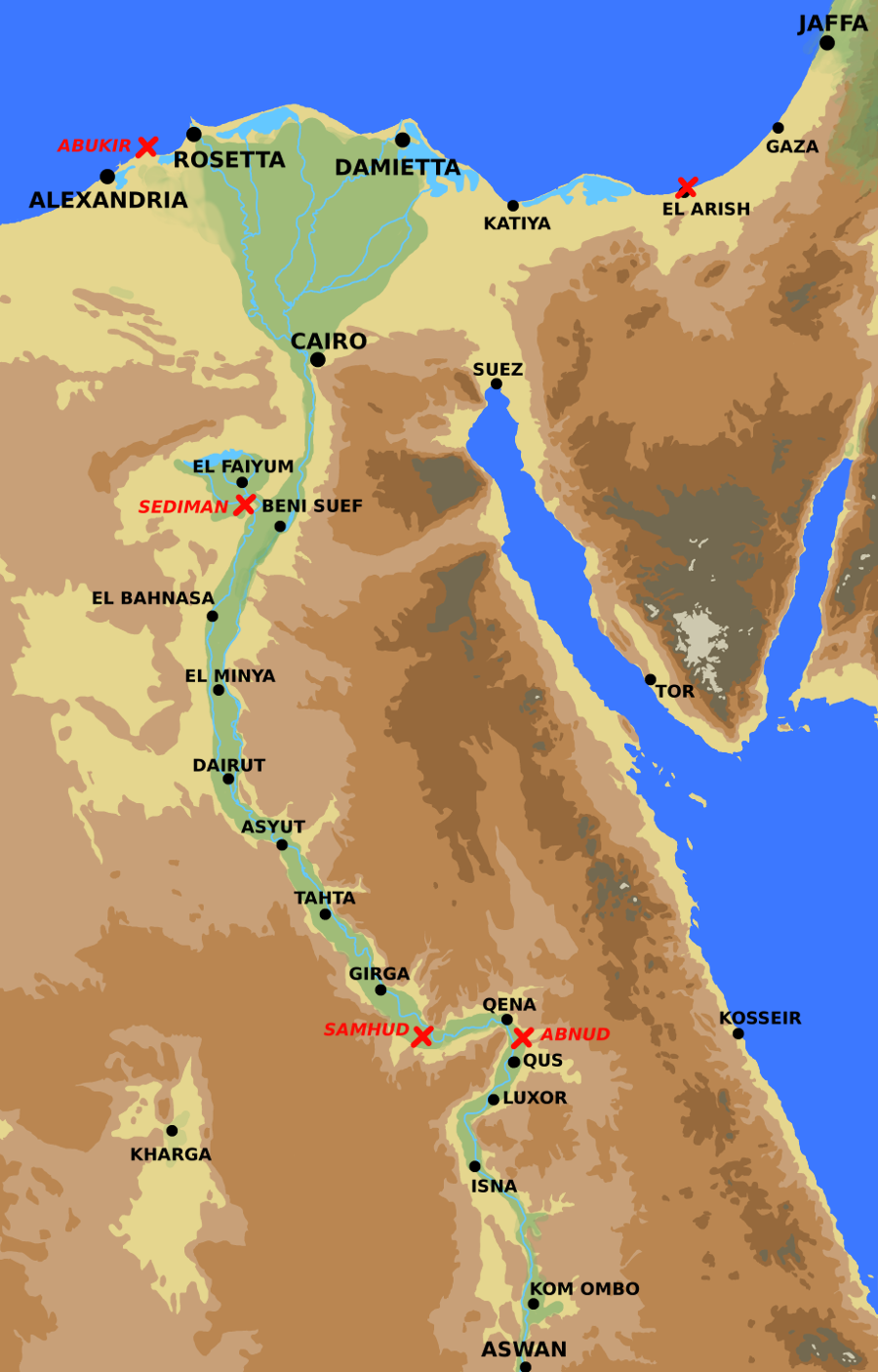 A map showing Egypt up to Aswan.