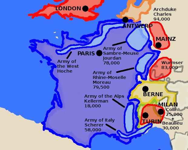 A map showing starting position of armies on French borders as of Spring 1796
