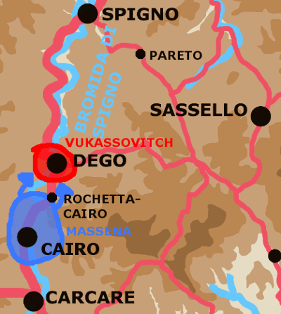 A map showing the Dego area on April 15th afternoon.