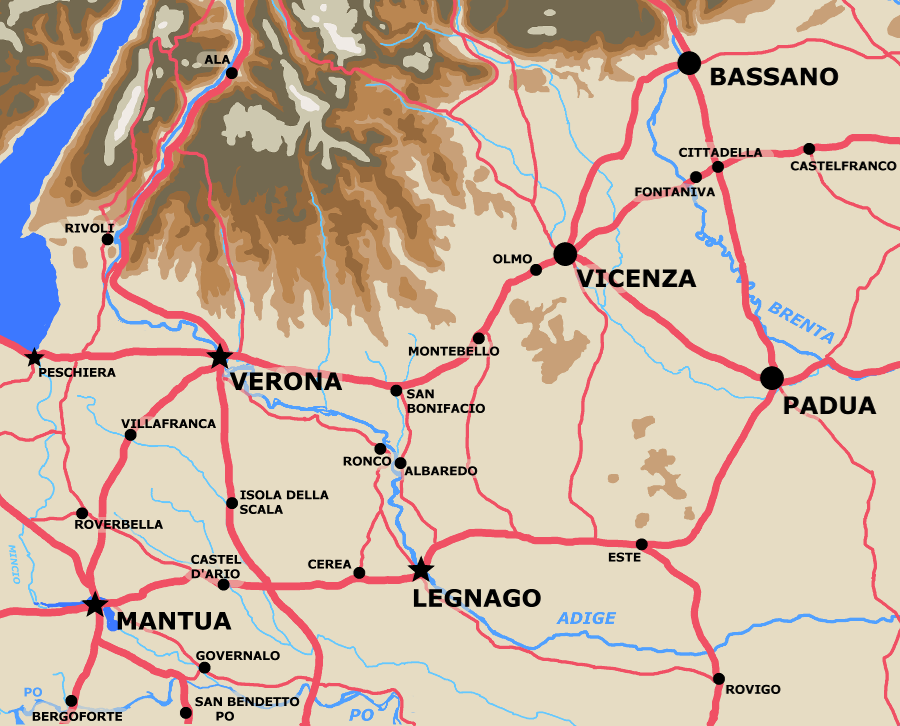A map showing area between Bassano and Mantua.