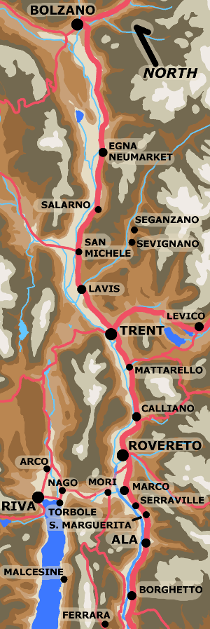 A map showing Adige Valley from Borghetto to Bolzano.