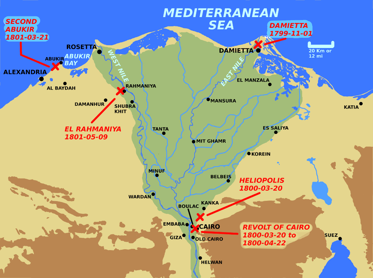 A map showing lower Egypt with battles 1799 to 1801.