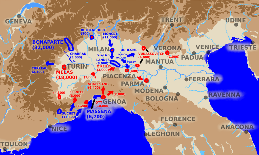 A map showing armies in Northern Italy on the 5th of June 1800.