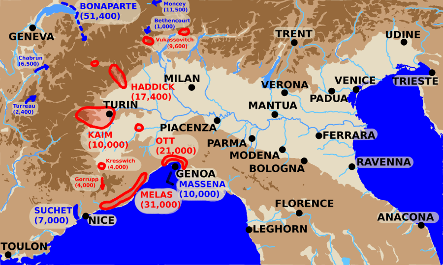 A map showing armies in Northern Italy on 14th May 1800.