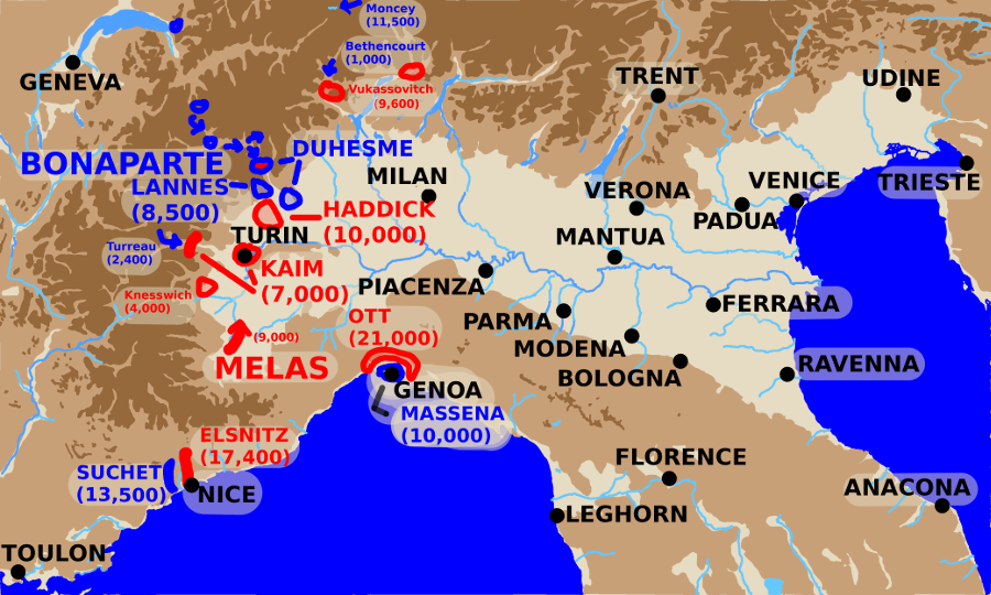 A map showing armies in Northern Italy on 24th May 1800.