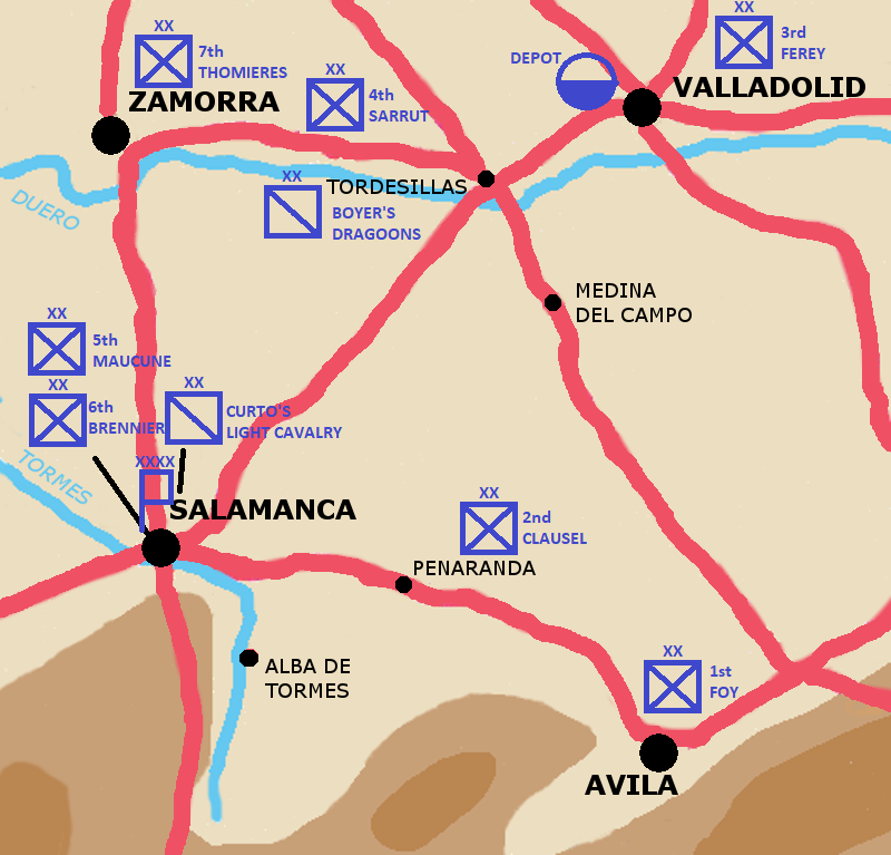 A map showing the initial french deployment for the salamanca campaign.