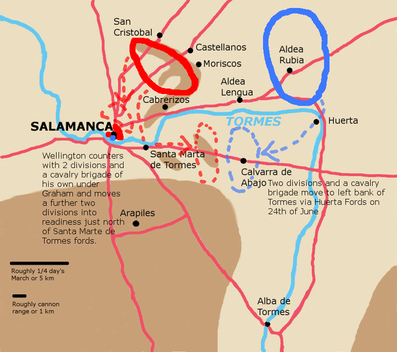 A map showing attempt of Marmont to turn Wellington by left bank of the Tormes.