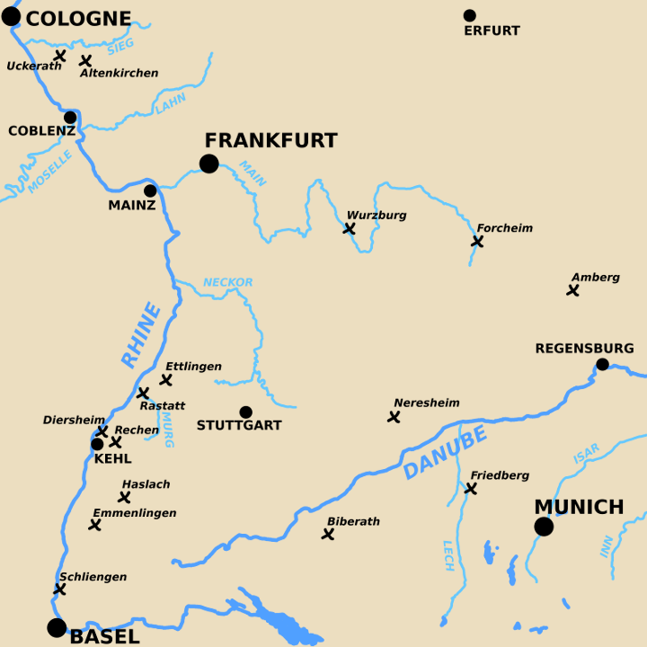 A map showing battles in Southern Germany in 1796 and 1797
