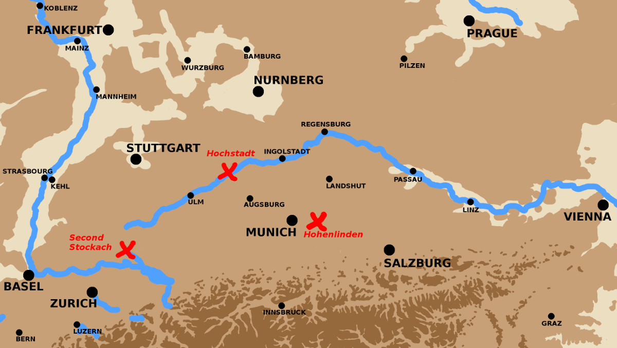 A map showing battles in southern Germany in 1800.